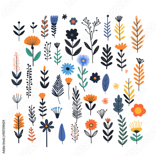 Colorful floral elements set. Collection of floral illustrations featuring a variety of flowers and leaves. Perfect for creating nature-themed designs, invitations, packaging, and decor. Doodle design