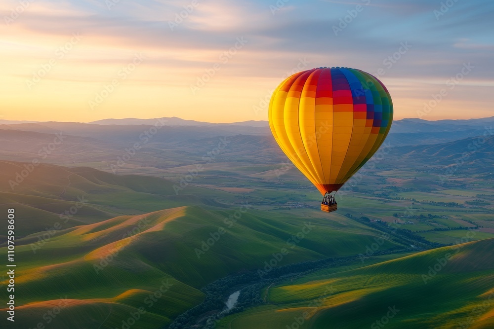 Fototapeta premium A colorful hot air balloon rising into the sky during sunrise over a picturesque landscape. Generative AI