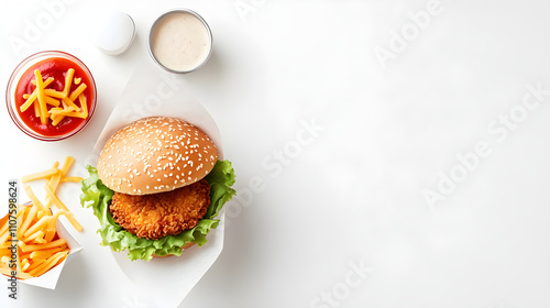 Top view of gourmet juicy barbecue chicken hamburger with bacon, salad onion rings. Delicious fresh handmade classic cheeseburger. Kraft fastfood for restaurant, cafe, bar and foodfestival. Copy space photo