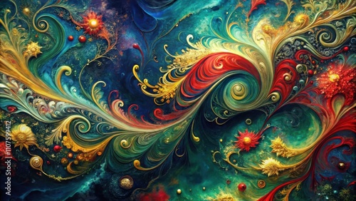 A whimsical abstract painting of swirling floral patterns in a vibrant palette of deep blue, green, red, yellow, and gold.