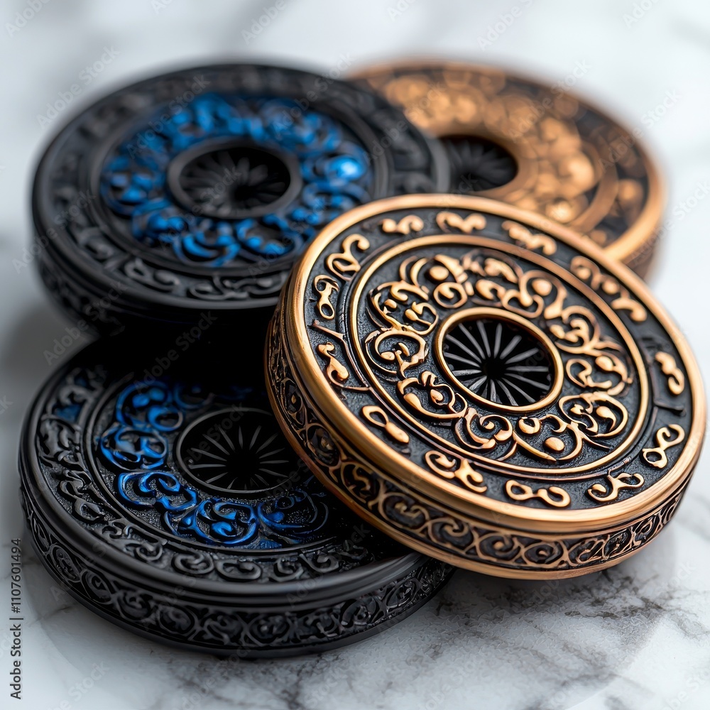 Obraz premium A modern set of three-dimensional, realistic black rubber ice hockey pucks, shown isolated on a transparent background. The sturdy, round disk is a crucial element of the winter team sport.