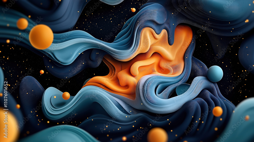 Obraz premium Abstract composition of flowing blue and orange shapes with spherical elements against a dark background, evoking cosmic motion or fluid dynamics.
