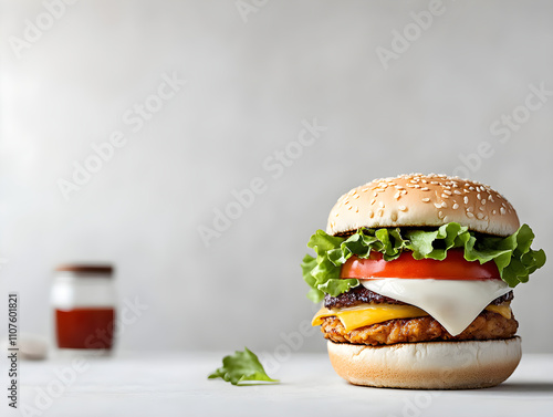 Top view of gourmet juicy barbecue chicken hamburger with bacon, salad onion rings. Delicious fresh handmade classic cheeseburger. Kraft fastfood for restaurant, cafe, bar and foodfestival. Copy space photo