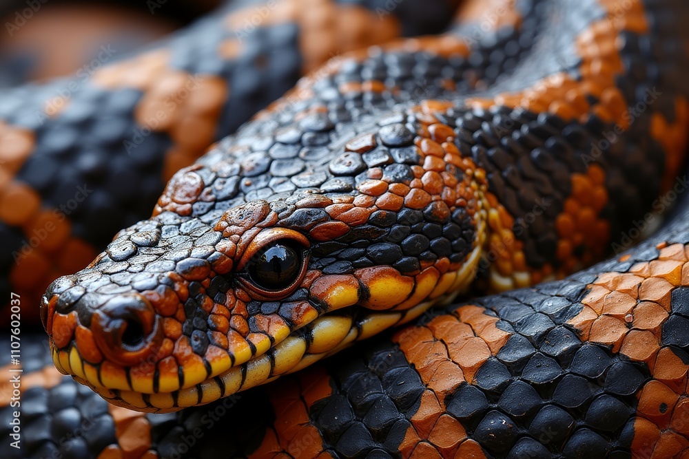 Fototapeta premium Close-up of a vibrant orange and black snake with detailed scales and striking eyes