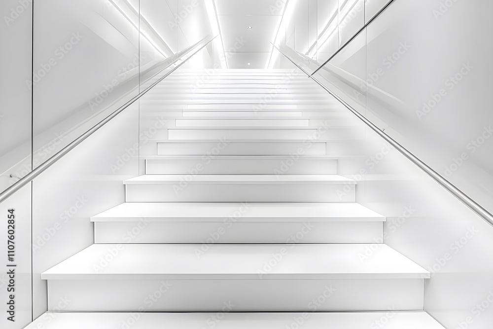 Fototapeta premium A minimalist staircase illuminated with bright, even lighting, leading upward in a modern space.