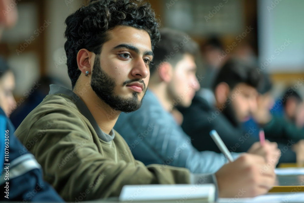Obraz premium A diverse group of students attentively listening and taking notes during a lecture in a university classroom setting.