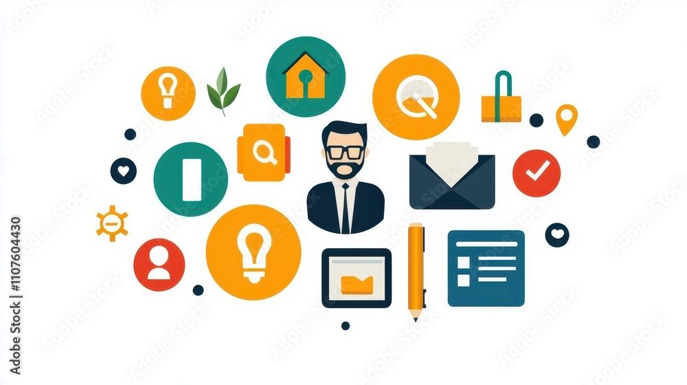 Vibrant illustration of a user applying for a service, steps displayed as colorful icons