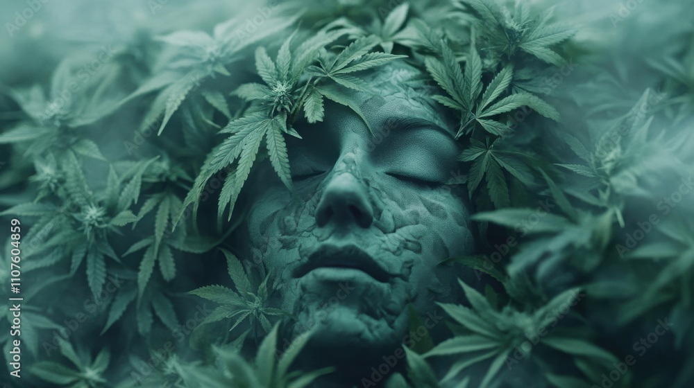 Ethereal Portrait of a Woman Covered in Green Cannabis Leaves Ethereal Portrait of a Woman Covered in Green Cannabis Leaves