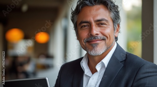 A confident man in a suit smiles while holding a tablet in a modern office setting.