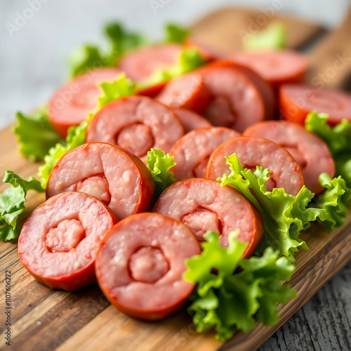 Closeup shot of slices of sausages with green lettuce on a wooden board