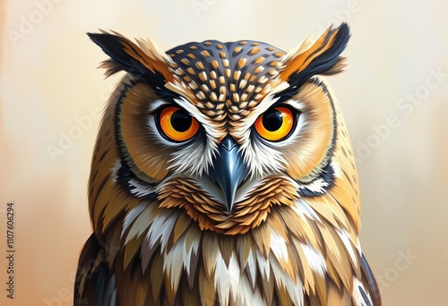 Oil Painting Owl A wise owl's face captured in rich oil paint co photo