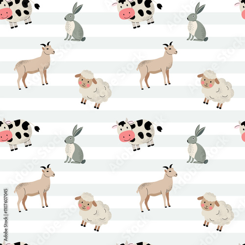 Cute farm animals pattern. Goat, cow, sheep, bunny. Seamless pattern with domestic animals.