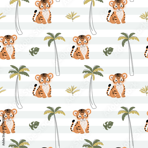 Seamless pattern with cute tiger and palm trees. Childish jungle background. Tropical wallpaper.