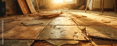 Damaged and broken floor tiles in a construction area