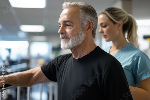 An older gentleman participating in a physical therapy session, offering hope and strength as he works towards regaining mobility and independence with professional guidance. photo