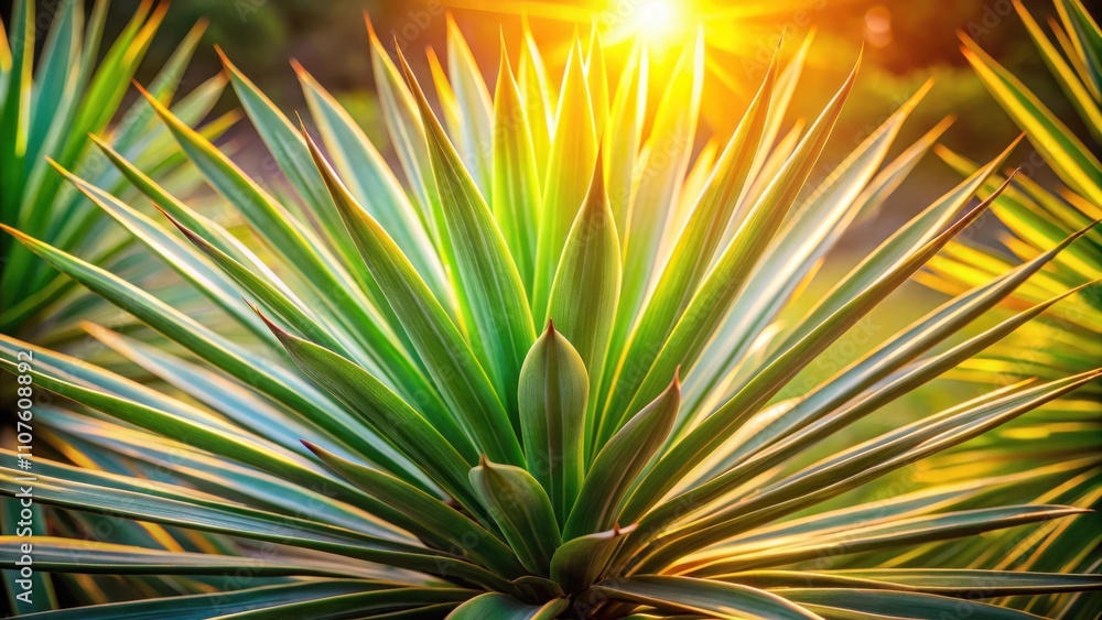 Fototapeta premium Sunlight illuminates the vibrant green leaves of a tropical plant, creating a breathtaking display of nature's artistry.