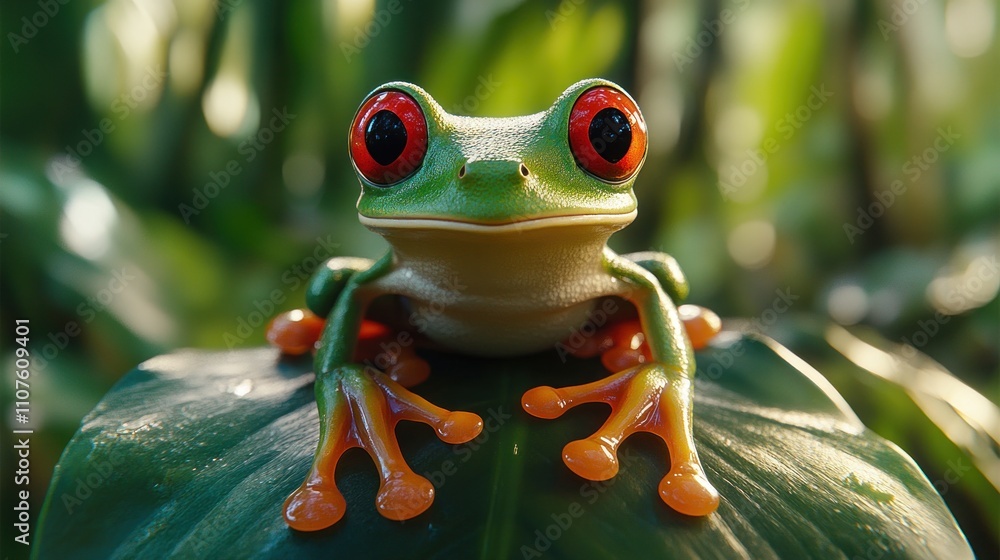 Fototapeta premium Red-eyed Tree Frog on a Lush Green Leaf
