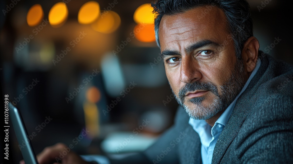 Obraz premium A focused man in a suit working intently at a desk with a laptop in a modern environment.