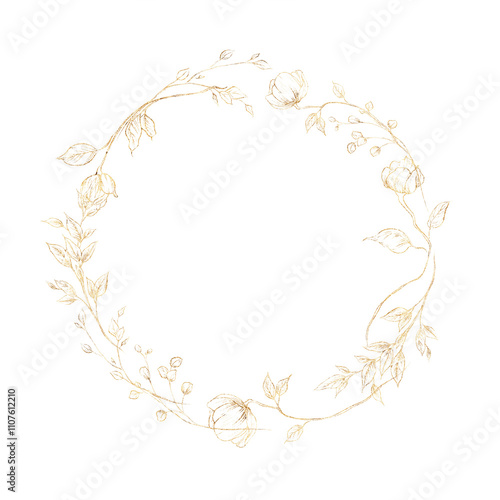 Golden flowers, Floral wreath, Greeting card with flowers, Floral frame, can be used as invitation card for wedding, birthday and other holiday and summer background photo