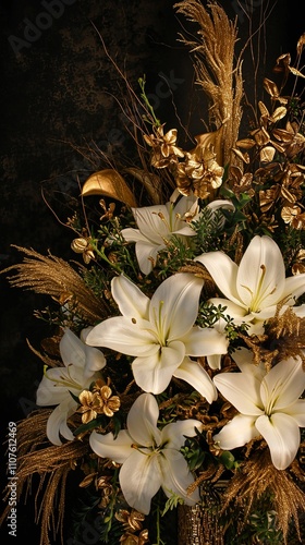 A funeral arrangement with dark velvet, gold accents, and white lilies, exuding elegance and respect. 