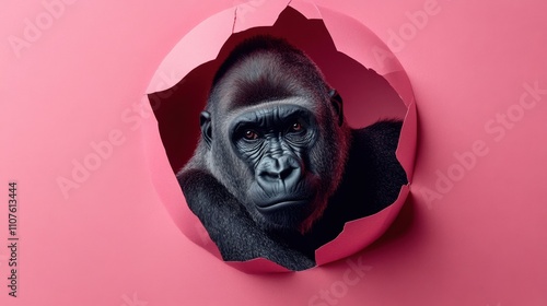 Gorilla Breaking Through Pink Wall in Creative Conceptual Illustration