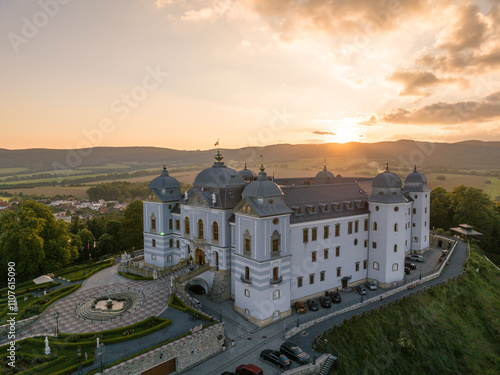 Aerial view of Halic Castle in the village of Halic in Slovakia - Sunset