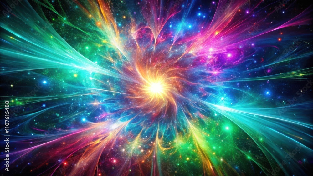 A vibrant cosmic swirl of iridescent light beams, emanating from a glowing core in a star-filled nebula. A vibrant cosmic swirl of iridescent light beams, emanating from a glowing core in a star-filled nebula.