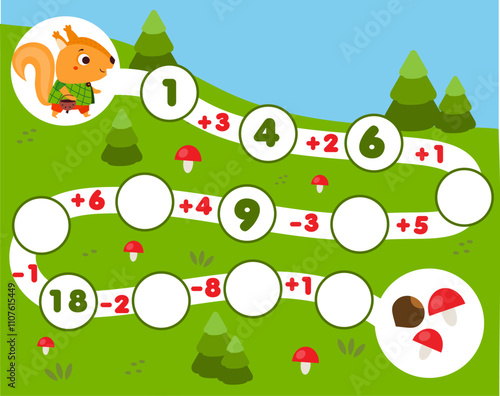 Mathematics educational game for children. Complete the row, write missing numbers and solve equations