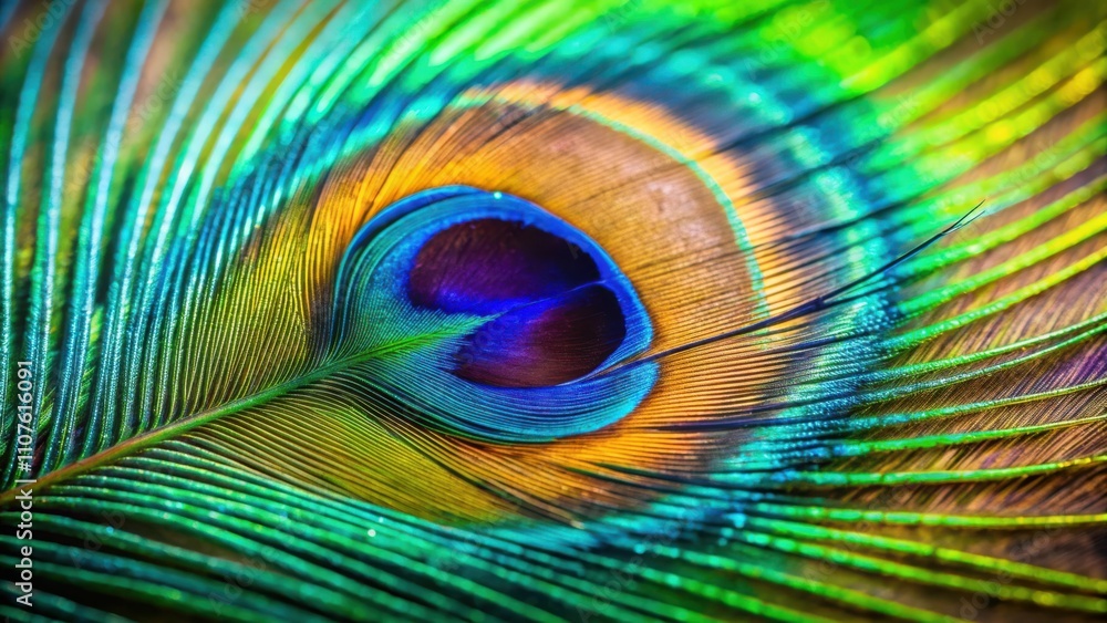 Obraz premium A Detailed Close Up of a Peacock Feather Displaying Vibrant Green, Blue, and Gold Hues with a Circular Eye Shape in the Center