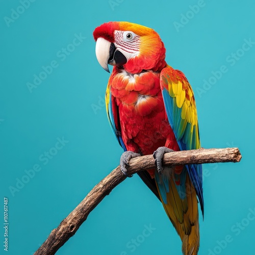 Colorful Parrot on Branch with Teal Background photo