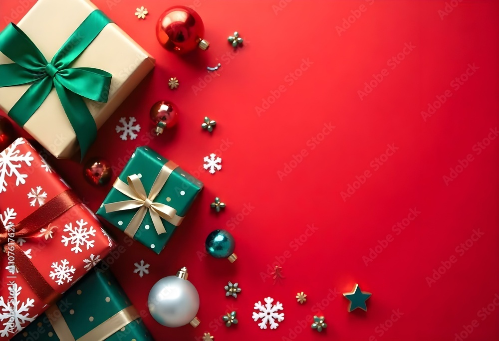 A red and green Christmas background with gift boxes, ornaments, and other holiday decorations, featuring blue and silver accents. A red and green Christmas background with gift boxes, ornaments, and other holiday decorations, featuring blue and silver accents.