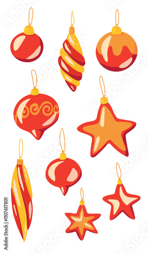 flat vector set of red Christmas tree decorations