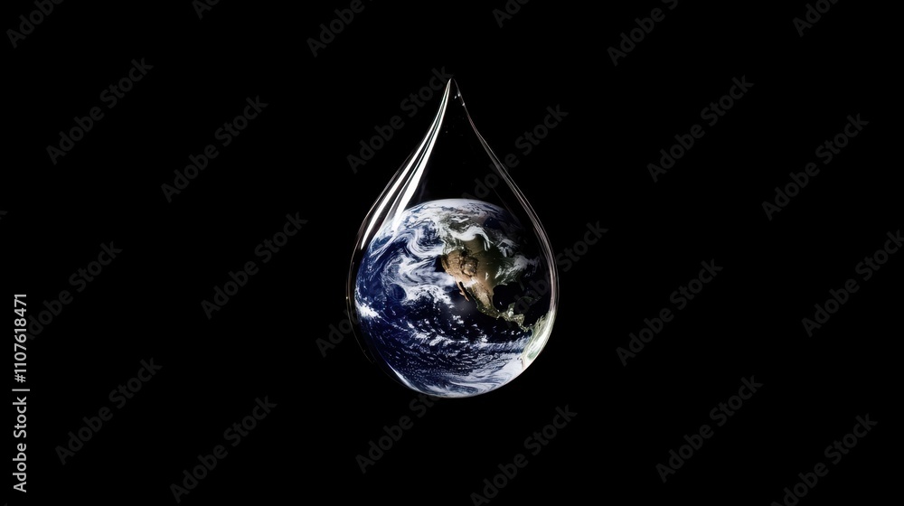 Fototapeta premium Earth Inside a Water Drop with Black Background Conceptual Image