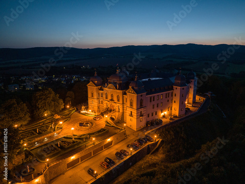 Aerial night view of Halic Castle in the village of Halic in Slovakia