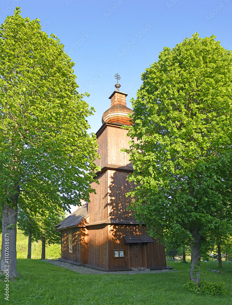 Vysny Komarnik village, Slovakia, Svidnik district, Presov region - Wooden church of Saints Cosmas and Damian from 1924