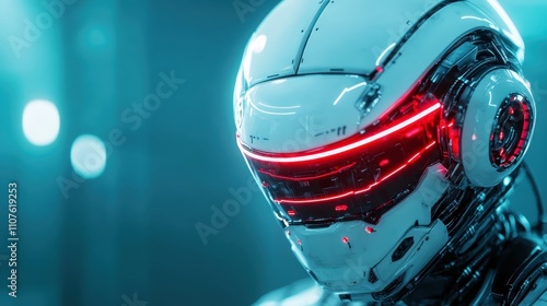 A sleek, futuristic robotic head with intricate details and a glowing red visor, set against a cool gradient background, representing advanced technology. photo