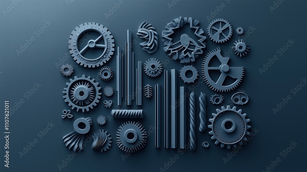 custom made wallpaper toronto digitalArray of blue mechanical gears and industrial components arranged on a dark background, showcasing various sizes and intricate designs in a pattern.