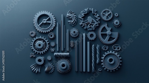 Wallpaper Mural Array of blue mechanical gears and industrial components arranged on a dark background, showcasing various sizes and intricate designs in a pattern. Torontodigital.ca