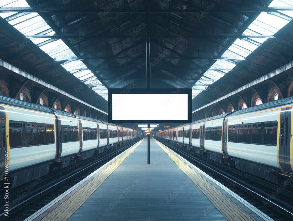 Fototapeta premium Busy Train Station with Commuters on Platform