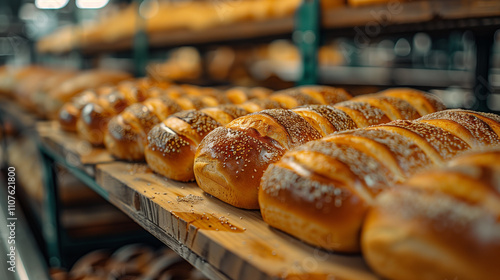 A row of shelves in a bakery with fresh, fragrant bread. Trays with fragrant loaves.