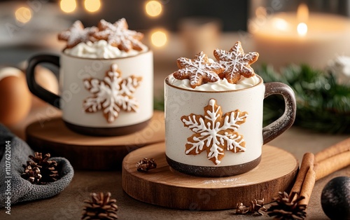 Wallpaper Mural A cozy winter scene featuring two mugs of hot chocolate topped with whipped cream, gingerbread cookies, and festive decorations. Torontodigital.ca