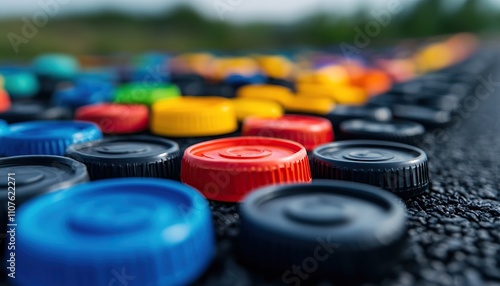 Colorful bottle caps scattered on a surface, showcasing a vibrant arrangement and a blurred natural background. photo