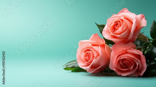 A trio of delicate pink roses, beautifully displayed against a mint green background, invoking a sense of purity, simplicity, and alluring minimalism. photo