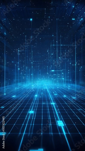 Three-dimensional geometric space background composed of blue technological lines