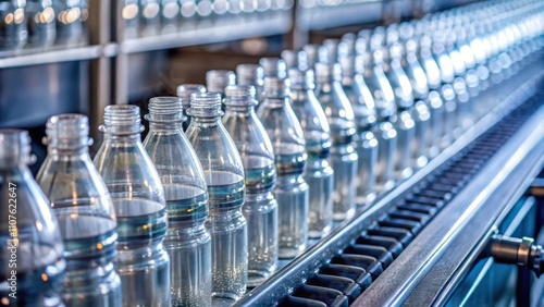 A line of clear plastic bottles moving along a conveyor belt in a factory setting