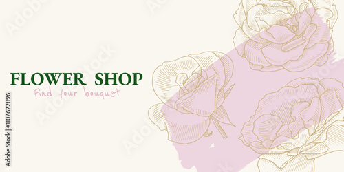 Roses banner template. Flower shop background. Floral backdrop for beauty business. Vector illustration