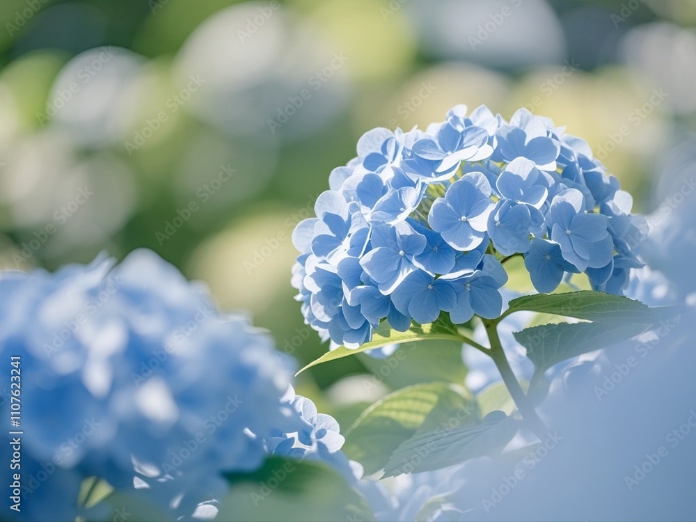Background of soft blue petals of Hydrangea macrophylla or Hydrangea close-up. Shallow depth of field for soft dreamy feel..