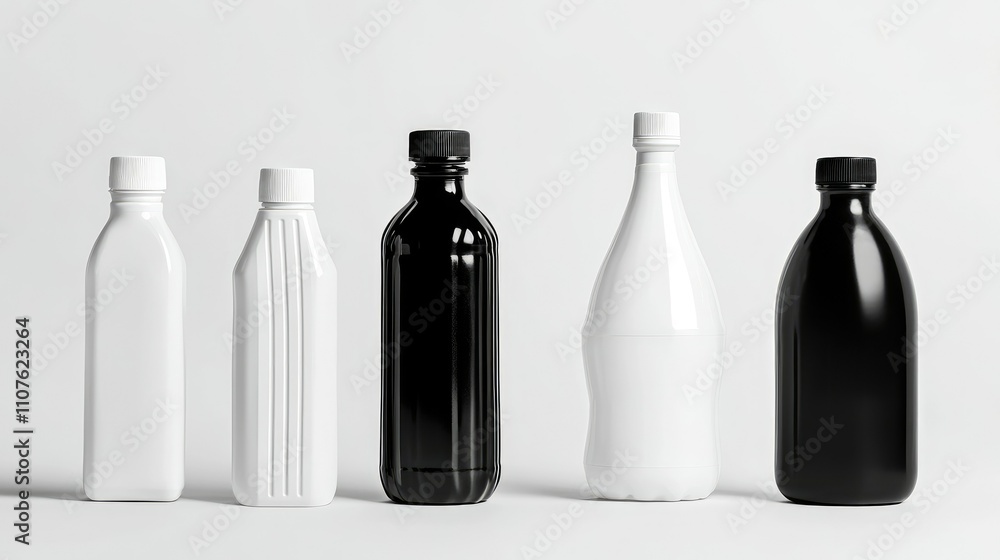 A set of black and white plastic bottles in different shapes and sizes, isolated on a clean white background, perfect for product display and branding with ample copy space A set of black and white plastic bottles in different shapes and sizes, isolated on a clean white background, perfect for product display and branding with ample copy space