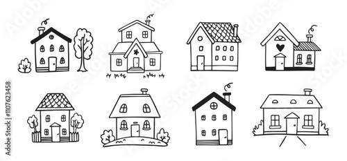 Hand drawn doodle house vector set. Cute outline houses black and white line illustration