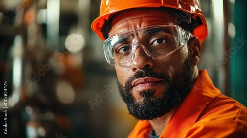 Worker with attentive expression in protective gear amidst the hustle of a busy factory setting, ensuring operational success and emphasizing safety standards. photo